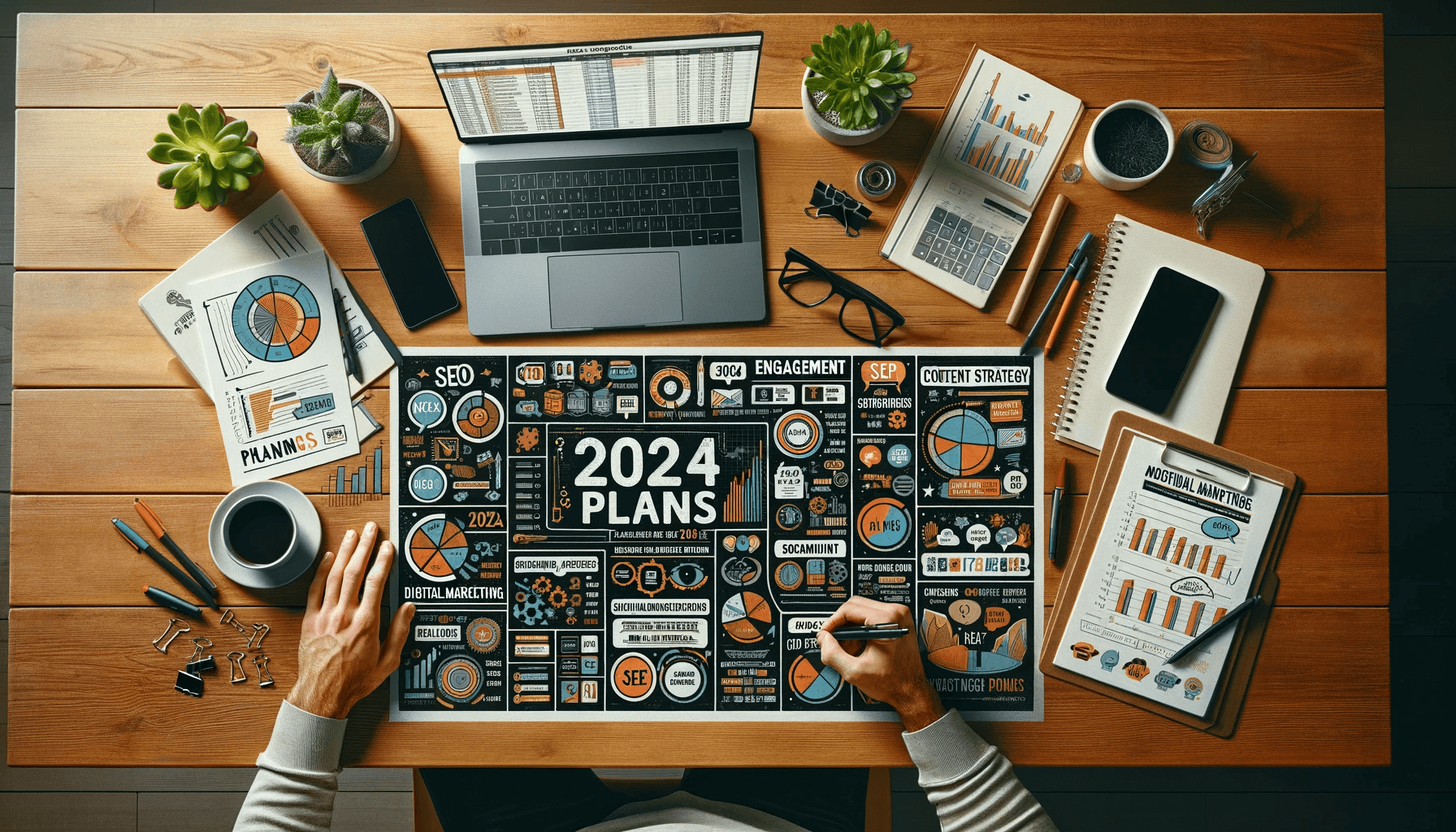 2024   DALL·E 2023 11 23 12.09.09 An Overhead Shot Of A Modern Wooden Desk. The Desk Is Arranged With A Variety Of Digital Marketing Planning Tools For The Year 2024. It Includes A Lap 